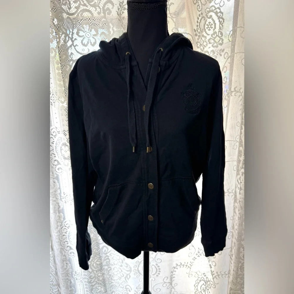 Lauren Ralph Lauren Black Label Hooded Button Up Jacket Black Hoodie Size PL - Picture 6 of 6